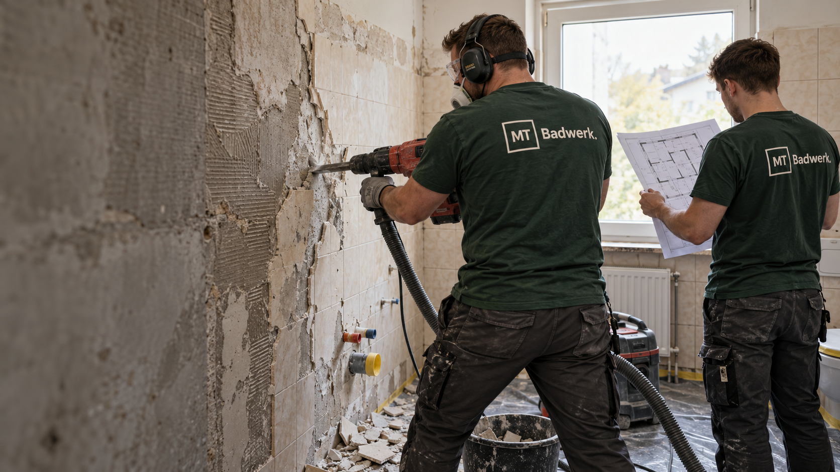 KI-generierte Handwerksszene: Ein Arbeiter mit MT-Badwerk-Logo entfernt alte Wandbeläge mit einem Stemmhammer, ein zweiter prüft den Grundriss